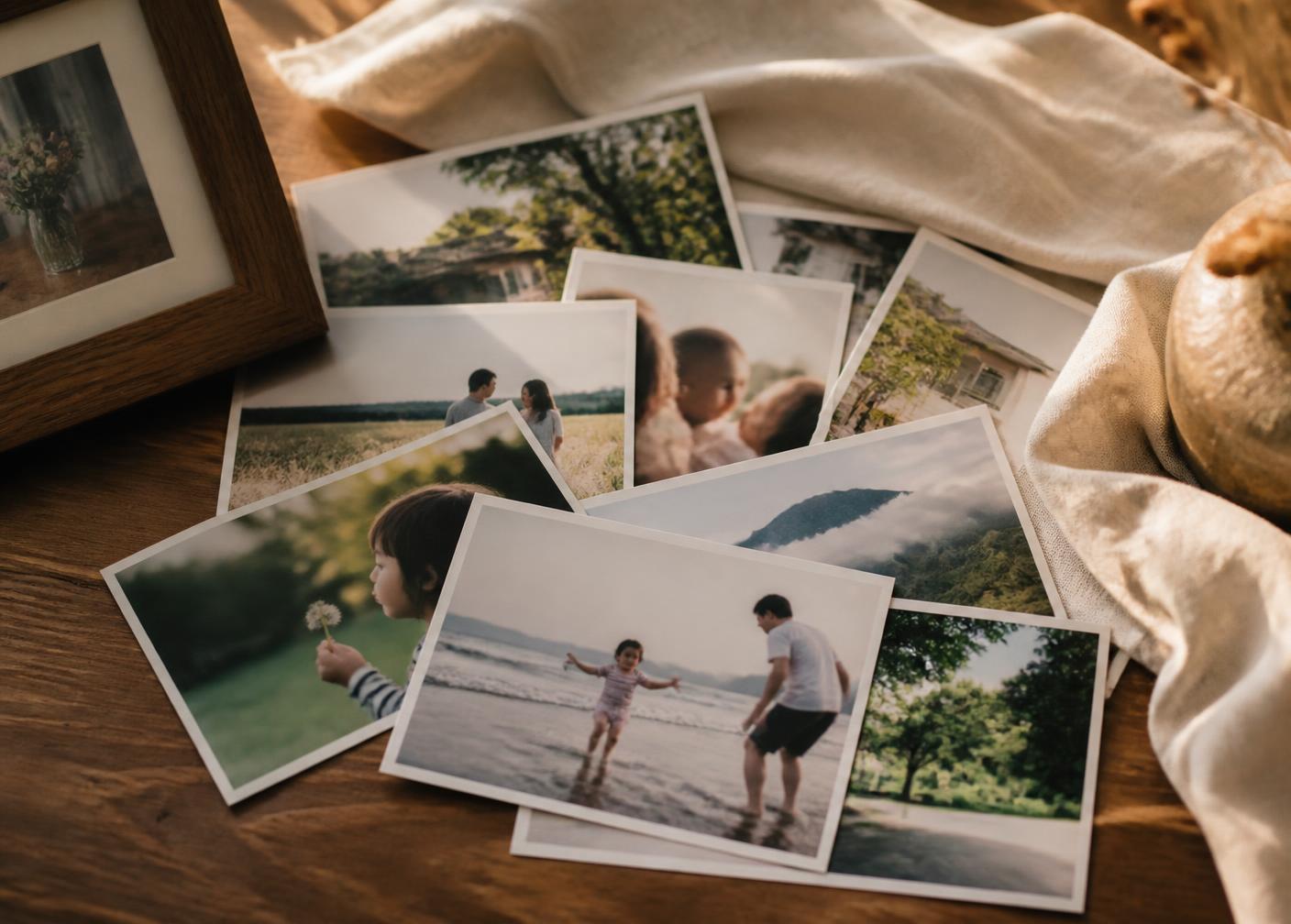 Stapel afgedrukte foto's op een houten tafel naast een houten kader